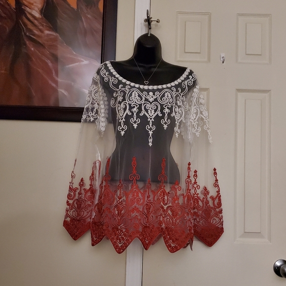 Couture Sheer Embroidered Red/White Triangular Sleeve Hem Finish Top Blouse - Picture 2 of 9